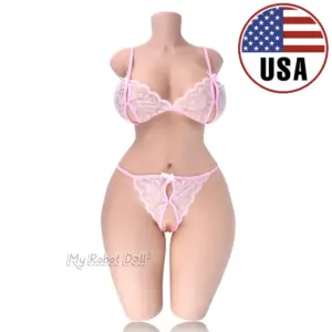 Tantaly Emilia 83cm torso product with sculpted neck, full chest contours, shaped waist, rounded hips, partial thighs, pink lace lingerie, and USA stock badge
