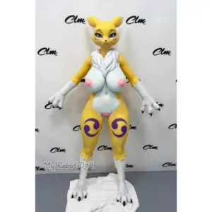 Climax Doll Rowena 150cm yellow and white furry character with animal ears, paws, blue eyes, and curvy proportions
