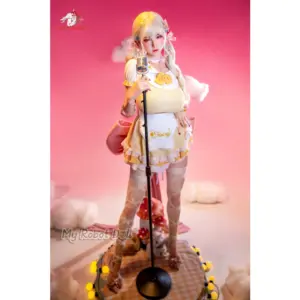 Doll Senior Linsha 170cm G Cup doll with platinum-blonde twin tails, red eyes, ornate hair accessories, and a pale yellow performance outfit