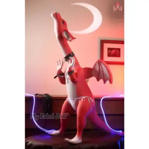 Dolls Castle Drakaina 125cm silicone dragon doll with red coloring, wings, a long tail, horns, and sculpted teeth