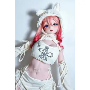 Elsa Babe AHR023 Suwabe Haruka 144cm M Cup doll with pink curled hair, blue anime eyes, and a cream rabbit-ear outfit