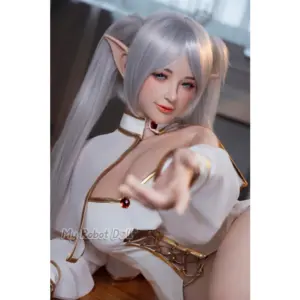 MRL Doll Elven 163cm doll with silver twin-tail hair, pointed elf ears, blue eyes, and white fantasy outfit