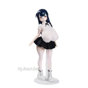 MRL Audrey 66cm stylized doll with dark blue hair, amber anime eyes, a white blouse, black pleated skirt, and white boots