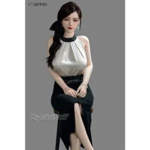 Starpery Asuka Eva 171cm D Cup doll with long black hair, brown eyes, and an elegant black-and-white outfit