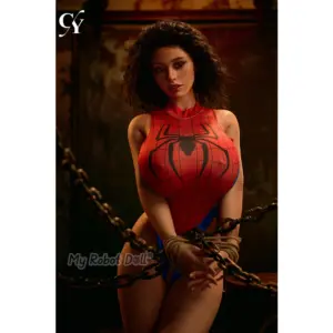 TOP-CYDOLL Tanya 161cm L Cup doll with voluminous dark curls and a red-and-blue web-pattern bodysuit