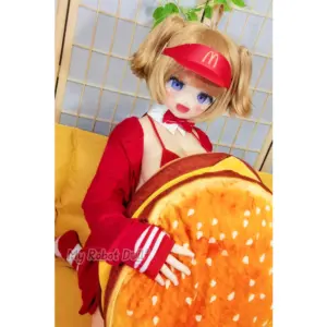 Aotume Head #M12 135cm anime-style doll with blonde twin-tail hair, blue eyes, red visor, bow tie, and red fast-food-inspired outfit.