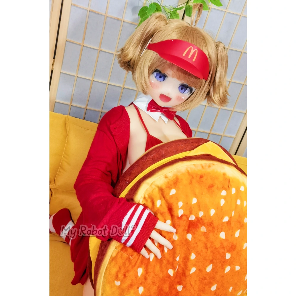 Anime Doll Aotume Head #M12 - 135Cm G / 4'5&Quot; 1 Aotume Head #M12 135Cm Anime-Style Doll With Blonde Twin-Tail Hair, Blue Eyes, Red Visor, Bow Tie, And Red Fast-Food-Inspired Outfit.