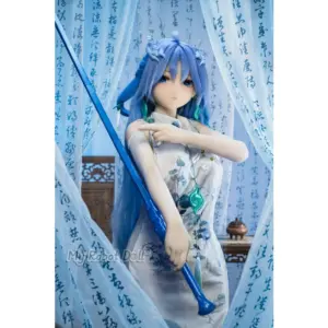 Aotume Head #M10 155cm anime-style doll with long blue hair, blue eyes, floral dress, and turquoise decorative accessories.