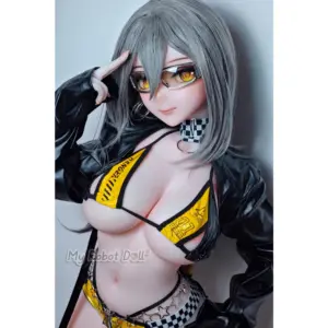 Elsa Babe AHR019 Mizuta Nina 151cm anime-style doll with grey hair, yellow eyes, visor glasses, black jacket, and yellow racing-inspired outfit.
