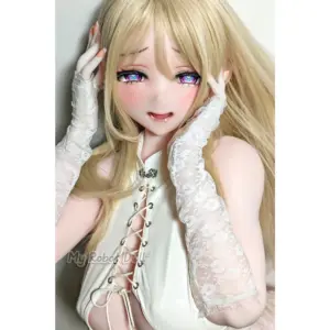 Elsa Babe AHRC040 Monelle Kogetsu 157cm M Cup anime-style doll with long blonde hair, multicolor heart-shaped eyes, white lace gloves, and white lace-up bodysuit.