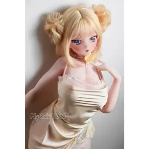 Elsa Babe RAD020 Furukawa Natsuki 151cm L Cup anime-style doll with blonde twin-bun hair, blue-violet eyes, cream satin dress, and floral choker detail.