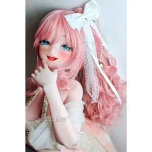 Elsa Babe RAD025 Hanasaka Yuka 140cm anime-style doll with long curly pink hair, blue eyes, white bow accessories, and white dress.
