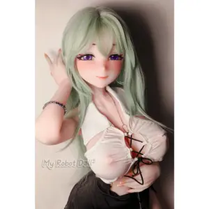 Elsa Babe RAD045 Mochizuki Rize 151cm L Cup anime-style doll with long mint-green hair, purple eyes, white lace-up top, and black mini skirt.