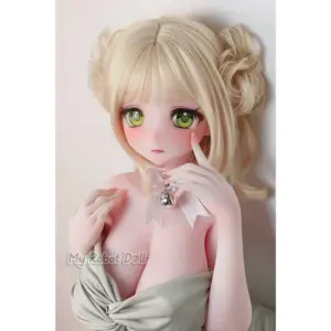 Elsa Babe RAD055 Izumi Rika 151cm anime-style doll with green eyes, blonde side buns, straight bangs, and a white ribbon collar with a silver-colored bell.