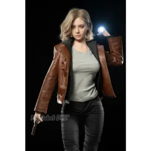 Game Lady Lady No.44_1 166cm E Cup with short wavy blonde hair, blue eyes, brown leather-style jacket, grey fitted top, and black pants.