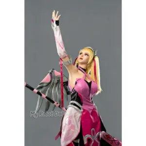 Game Lady No. 48_1 171cm doll with blonde ponytails and blue eyes, pictured in pink-and-black fantasy armor with silver-colored trim and decorative wing-shaped panels.