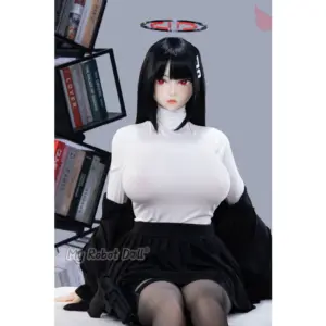 QXW Doll X04 164cm I Cup anime-style doll with black hair, red eyes, halo accessory, and monochrome styling