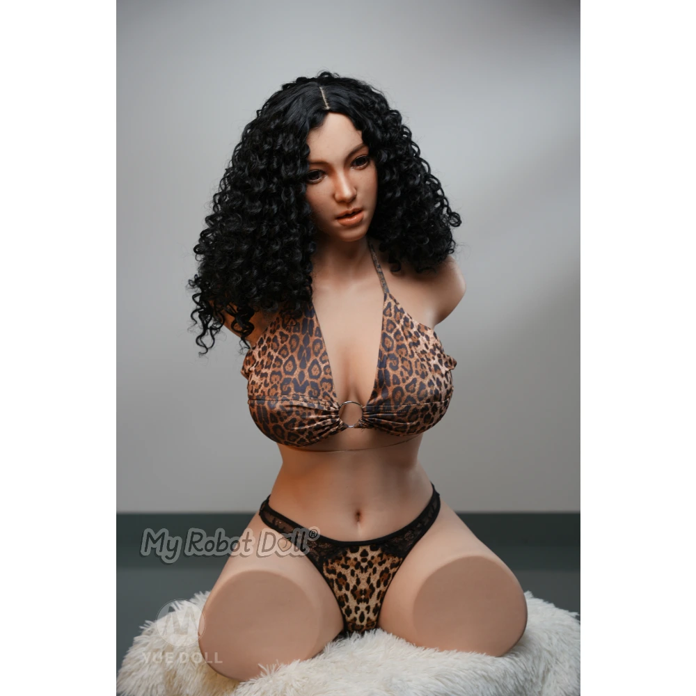 Yue Doll Torso Sex Doll Kelly 87Cm / 2'10&Quot; Full Silicone - Real Skin Texture 1 Yue Doll Kelley 87Cm With Long Curly Black Hair, Warm Brown Complexion, Leopard-Print Bikini Top, And Matching Thong Bottoms.