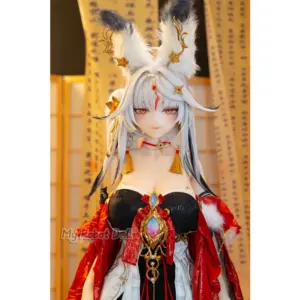 Aotume Head #140 155cm F Cup fantasy doll with long silver-white hair, fox-like ears, golden eyes, red-and-black costume, and ornate gold accents.