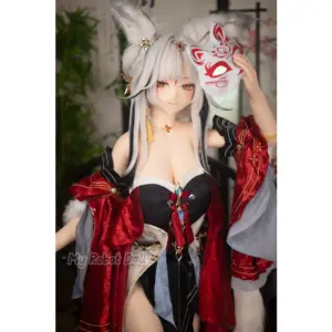 Aotume Head #140 155cm F Cup anime-style animal fantasy doll with long silver hair, fox ears, golden illustrated eyes, red and black ornate costume, white tail, and fox mask accessory.