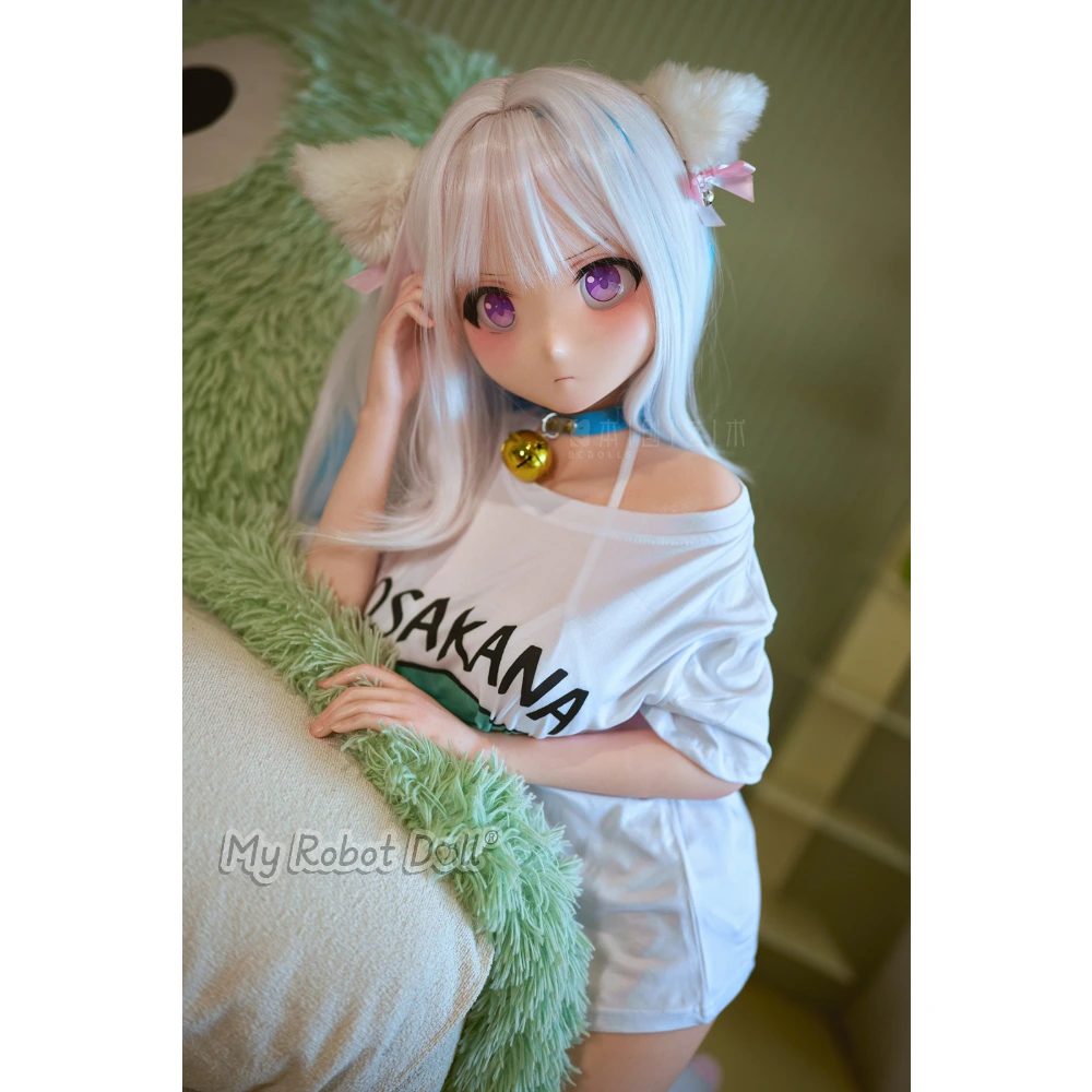 Bc Dolls M05A-Yuzu - Ms141D 135Cm / 4'5&Quot; Full Silicone 9 Bc Dolls M05A Yuzu 135Cm Animal Fantasy Doll With Long White Hair, Purple Illustrated Eyes, Furry Cat-Style Ears, Blue Collar With Bell, And Oversized White T-Shirt.