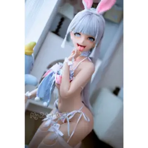 BC Dolls N01A Ayaka 146cm anime-style doll with long silver-white hair, blue illustrated eyes, bunny ears, pastel blue-and-pink lingerie, and ribbon details.