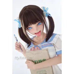 BC Dolls N01b 96cm anime-style doll with brown twin-tail hair, vivid blue illustrated eyes, extended tongue, blue ribbon accessories, and white sailor-inspired outfit.