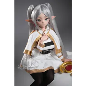 BC Dolls N02A Frieren 146cm anime-style elf doll with long silver twin-tail hair, pointed ears, green eyes, white-and-gold outfit, and black tights.