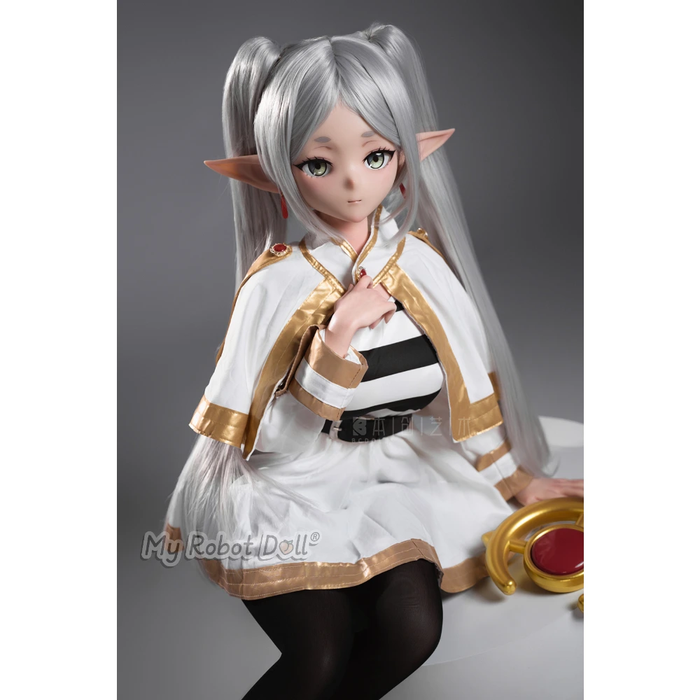Bc Dolls N02A Frieren - Ns146C 146Cm / 4'9&Quot; Full Silicone 1 Bc Dolls N02A Frieren 146Cm Anime-Style Elf Doll With Long Silver Twin-Tail Hair, Pointed Ears, Green Eyes, White-And-Gold Outfit, And Black Tights.