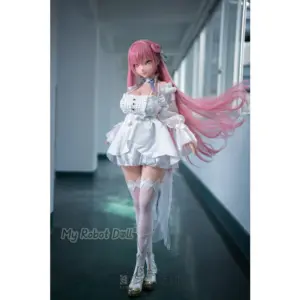 BC Dolls O04 Dorothy 155cm anime-style doll with very long pink hair, purple eyes, white ruffled dress, thigh-high stockings, and white platform shoes.