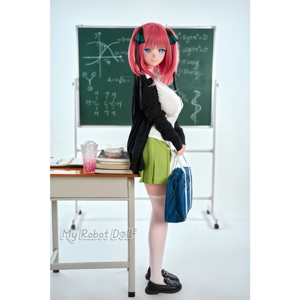 Bc Dolls O05A Nakano Nino - Os155J 155Cm / 5'1&Quot; Full Silicone 7 Bc Dolls O05A Nakano Nino 155Cm Anime-Style Doll With Pink Twin-Tail Hair, Blue Eyes, Black Hair Accessories, White Blouse, Black Cardigan, And Green Skirt.