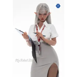 Bezlya Doll Calla 155cm elf doll with long silver hair, pointed ears, blue eyes, white blouse, fitted grey skirt, fishnet stockings, and office accessories.