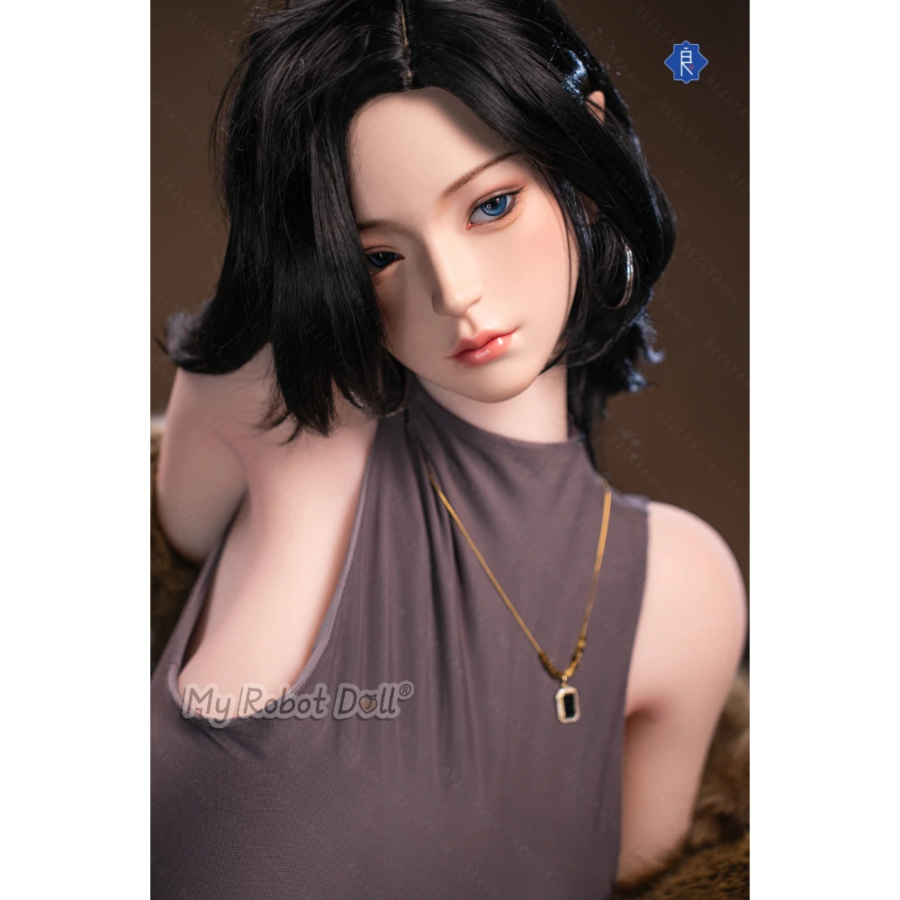 Bezlya Sex Doll 2.0+ Series Pansy - 170Cm / 5'7&Quot; Tpe 9 Bezlya Doll Pansy 170Cm With Short Black Bob Hair, Blue Eyes, Soft Facial Features, Sleeveless Taupe Top, Hoop Earrings, And Gold Pendant Necklace.