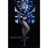 Climax Doll Ling 60Cm Stylized Doll With Silver Bob Hair, Red Illustrated Eyes, Dark Blue Floral Dress, High Collar, Side Slit, And Black Heels.