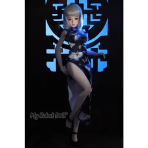 Climax Doll Ling 60cm stylized doll with silver bob hair, red illustrated eyes, dark blue floral dress, high collar, side slit, and black heels.
