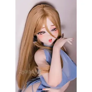 Elsa Babe AHR008 Iwata Mitsuki 151cm L Cup anime-style doll with long blonde hair, illustrated eyes, blue halter outfit, and expressive open-mouth facial sculpt.