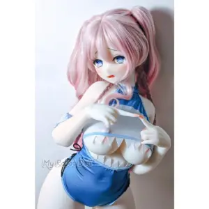 Elsa Babe RAD027 Shimizu Minto 151cm anime sex doll with pastel pink twin-tail hair, large blue eyes, rosy cheeks, a blue and white outfit, and a curvy figure.