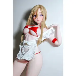 Elsa Babe RAHC045 Mochizuki Emi 176cm M Cup anime-style doll with long blonde hair, purple eyes, red cutout top, white ruffled apron, and matching red accents.