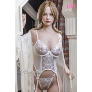 IDo Doll ID2H Alessia 158cm D Cup with long light brown hair, green eyes, white floral lace lingerie, pearl jewelry, and matching lace robe.