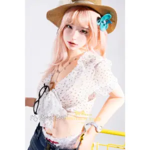 Irontech N01 Mio 166cm with long pastel pink hair, straw hat with blue flower accent, floral tie-front blouse, denim bottoms, layered necklace, and wristwatch.