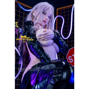 Irontech N02 Zia 165cm E Cup with long pastel pink hair, light eyes, soft facial features, glossy black cropped jacket, and matching fitted pants.