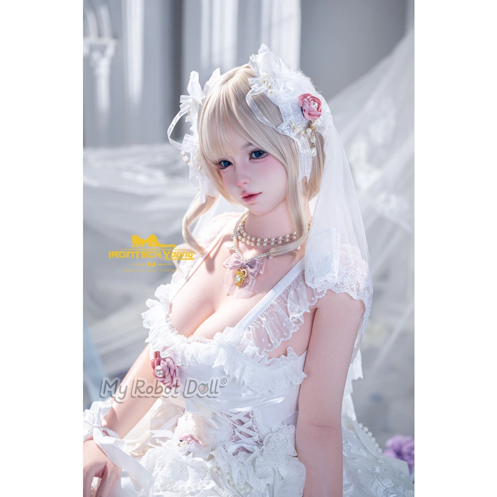 Irontech Doll N05 - Momo Y-Series Ros Max - 154Cm / 5'1&Quot; E Cup Full Silicone 1 Irontech N05 Momo 154Cm With Blonde Hair, Blue Eyes, Soft Facial Features, White Lace Bridal Dress, Veil, Pearl Jewelry, Floral Hair Accessories, And Corset Detailing.