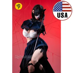 Not Ye S68 158cm with black hair, black cat-style mask, white lace bra, distressed dark costume, pleated skirt, thigh straps, and tall black boots.