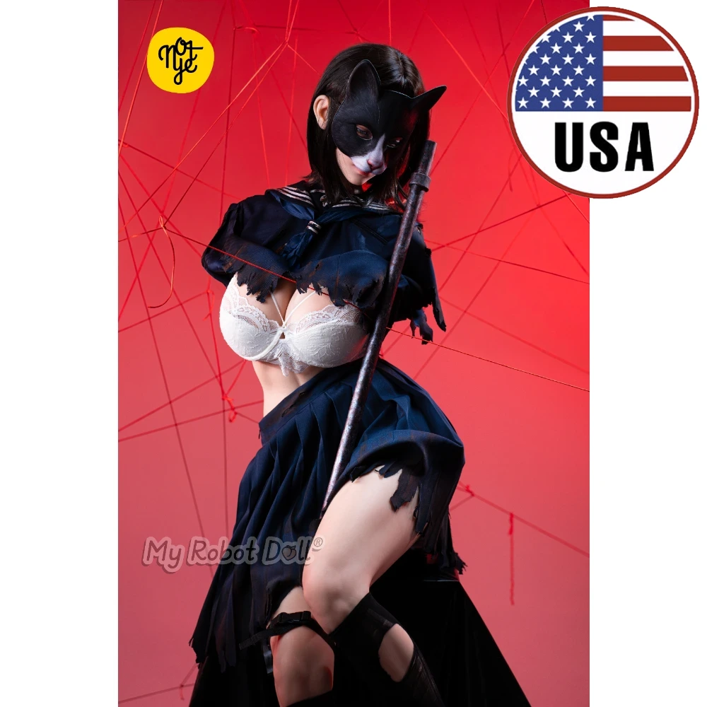 🇺🇸 Not Ye S68 - 158Cm / 5'2&Quot; - Full Silicone Torso Without Head - In Stock Usa 1 Not Ye S68 158Cm With Black Hair, Black Cat-Style Mask, White Lace Bra, Distressed Dark Costume, Pleated Skirt, Thigh Straps, And Tall Black Boots.