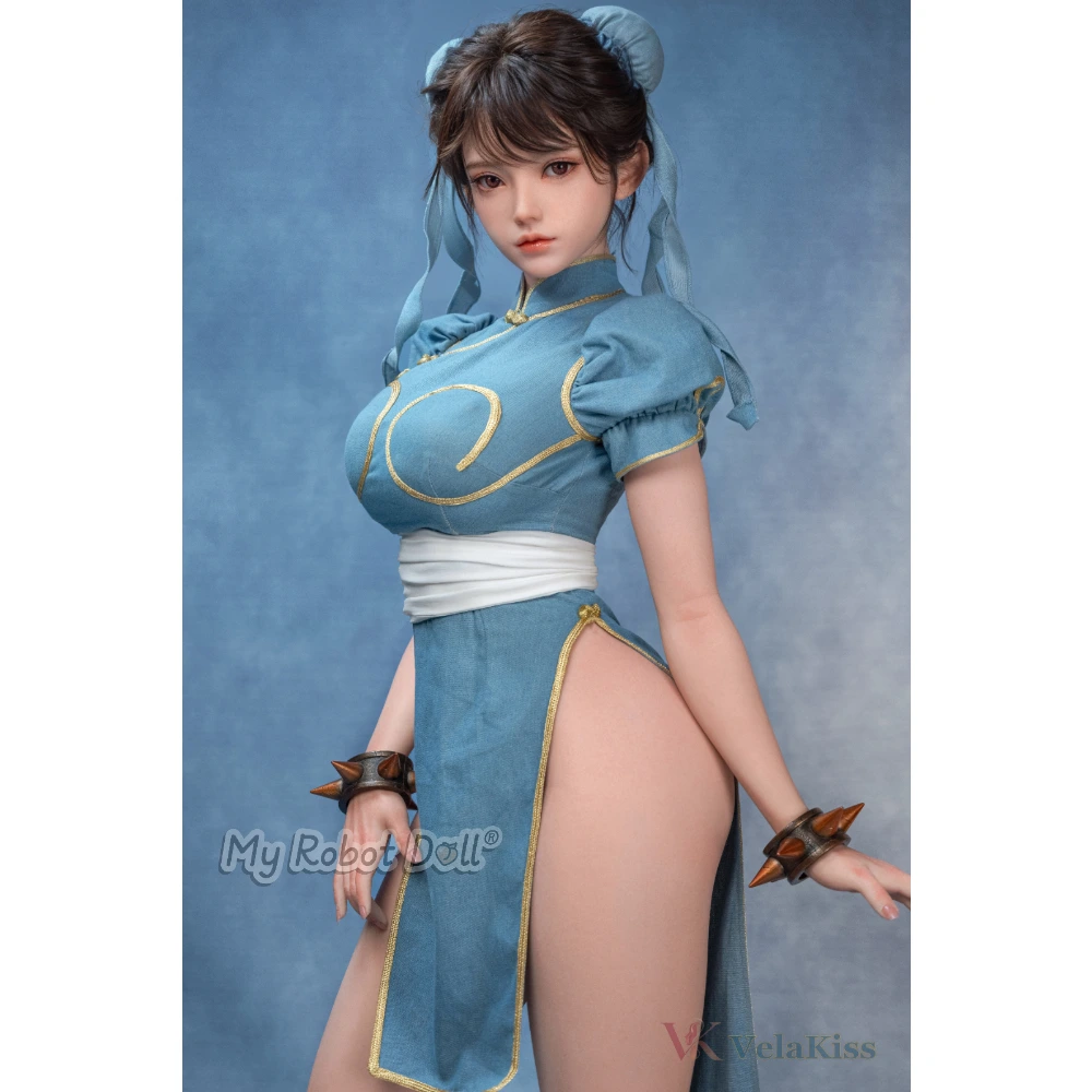 Velakiss Doll V001 - 142Cm / 4'8&Quot; Full Silicone Real Skin Texture 1 Velakiss V001 142Cm With Dark Brown Updo Hair, Soft Facial Features, Blue Qipao-Inspired Dress, White Waist Sash, And Spiked Wrist Cuffs