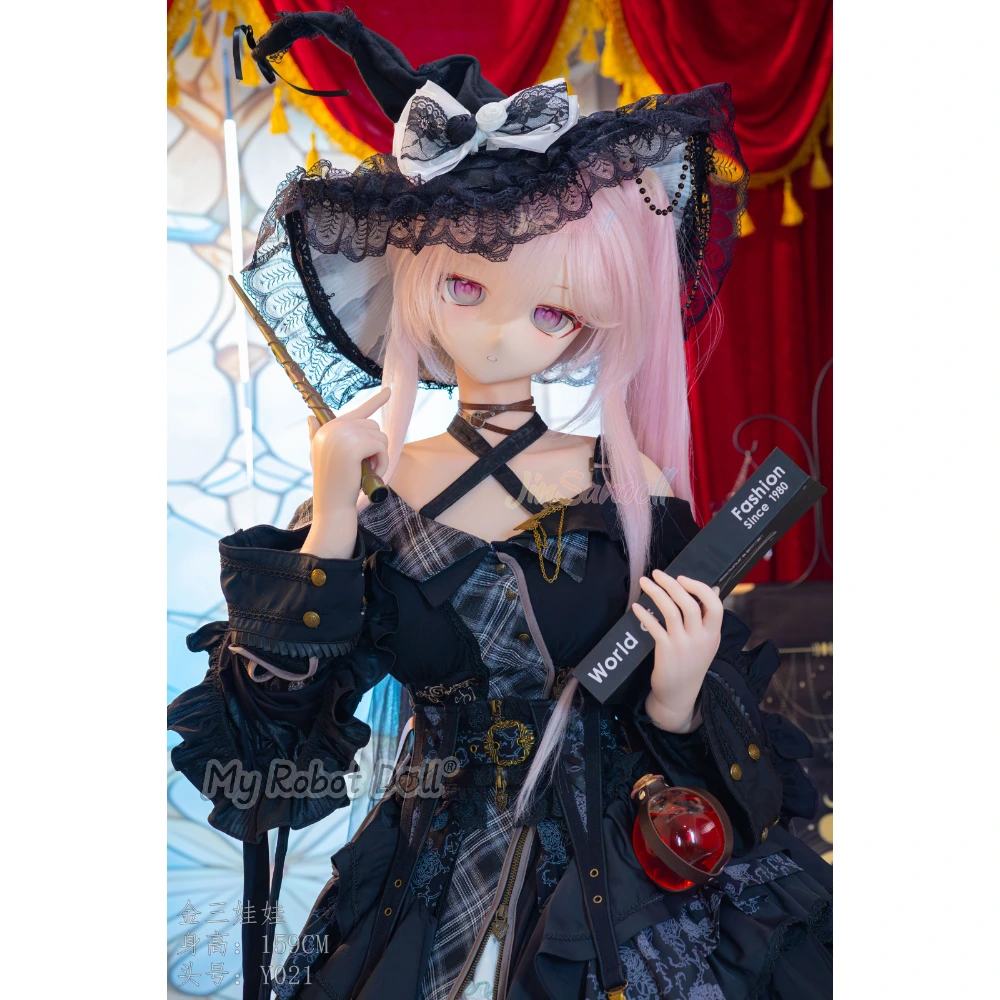 Pages 29 Wm Doll Y021 159Cm Anime-Style Doll With Long Pastel Pink Hair, Pink Illustrated Eyes, Black Lace Witch Hat, Gothic Layered Dress, And Ornate Bow Details.
