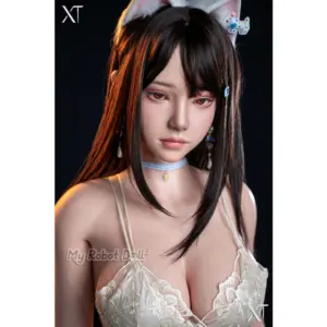 XT Doll #4 Sora 166cm E Cup with long dark brown hair, amber eyes, soft facial features, white lace lingerie, blue choker, and cat-ear headband.