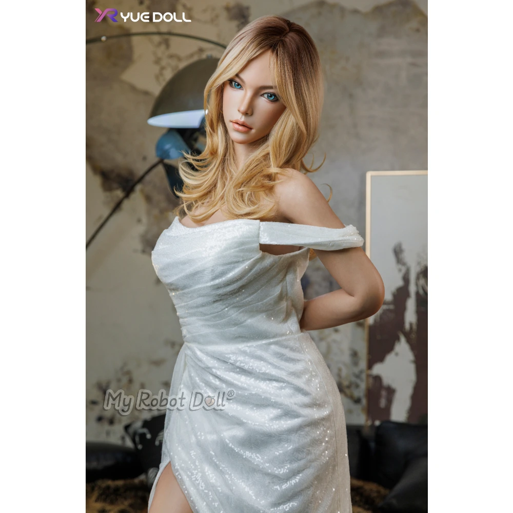 Yue Doll Miya 165Cm With Shoulder-Length Blonde Hair, Blue Eyes, Soft Facial Features, Shimmering White Off-Shoulder Dress, And Elegant Feminine Proportions.